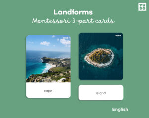 Montessori landforms 3-part cards with real photographs of capes, islands and other land and water formations. Printable geography cards for vocabulary building and hands-on learning.