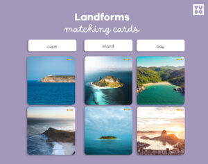 Montessori landforms matching cards featuring real photographs of six land and water formations. Children match labels to images while building geography vocabulary through hands-on learning.