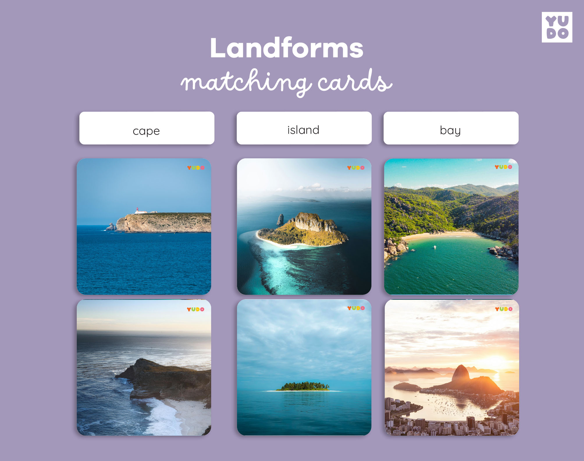 Montessori landforms matching cards featuring real photographs of six land and water formations. Children match labels to images while building geography vocabulary through hands-on learning.