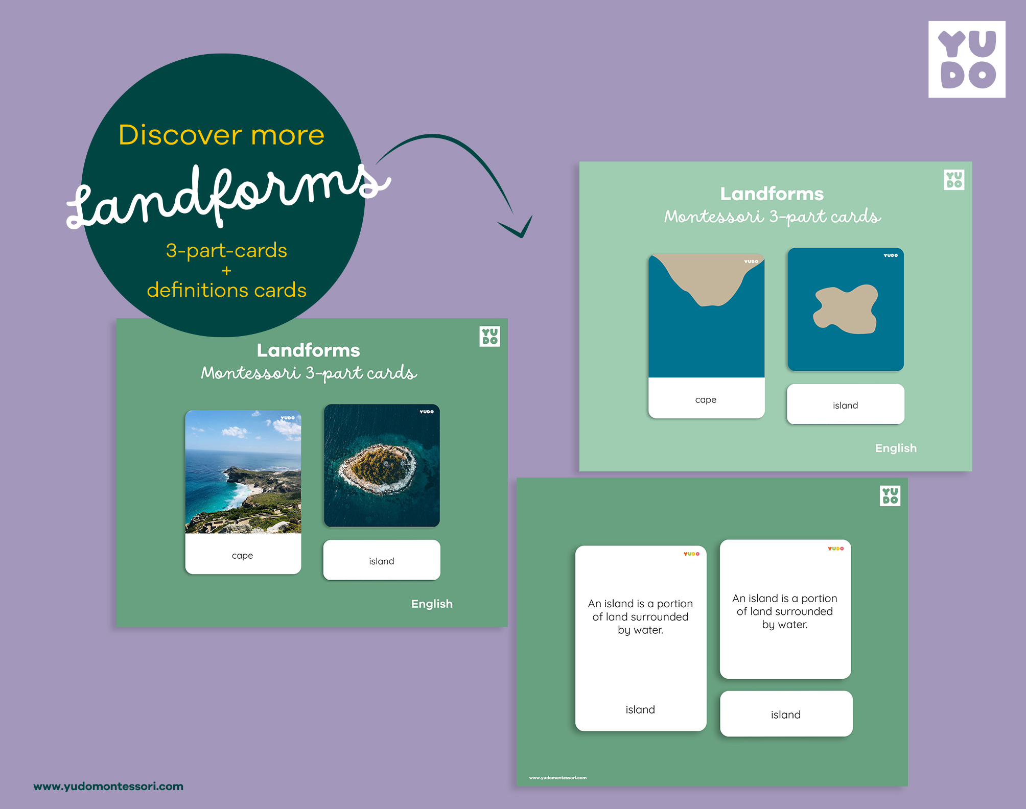 Montessori landforms printable set including matching cards, 3-part cards and definition cards with real photographs. Geography learning resource for classrooms and homeschool.