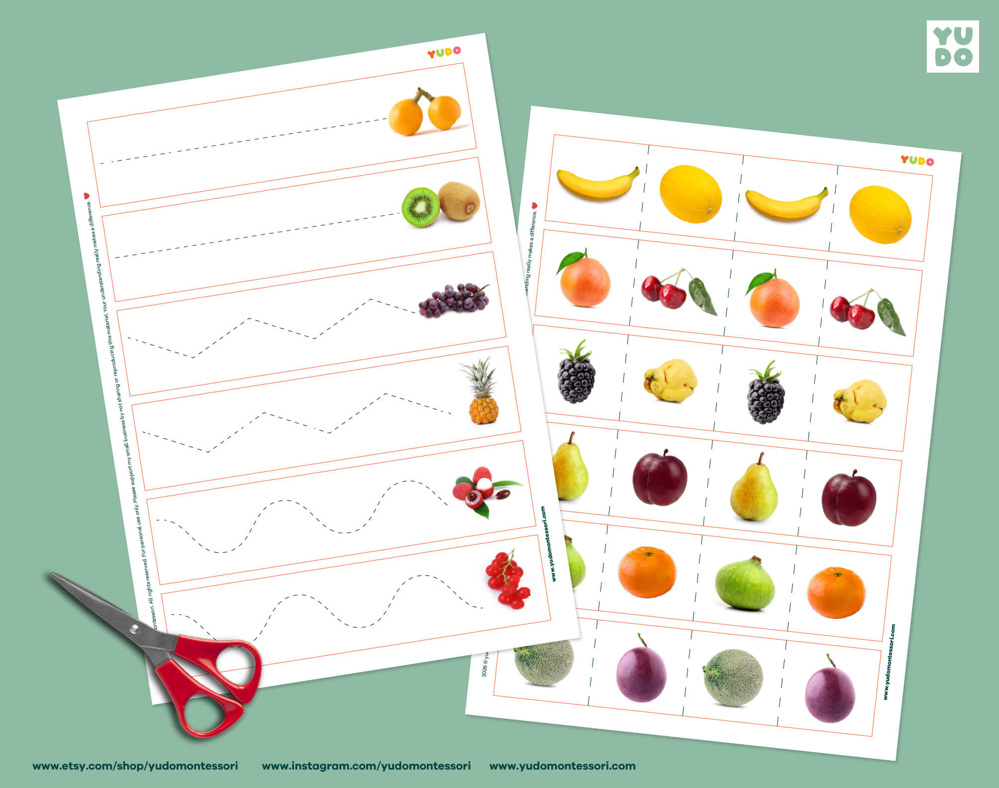 Montessori fruit tracing strips printable for preschool fine motor practice