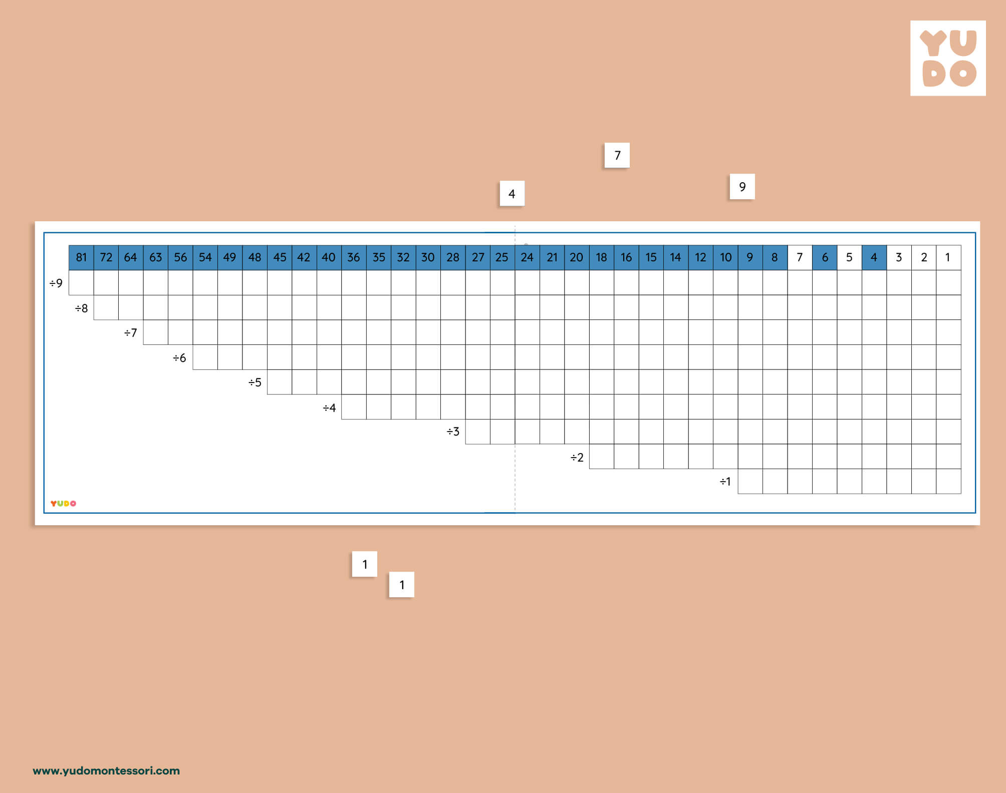 Montessori division working chart with numbered grid