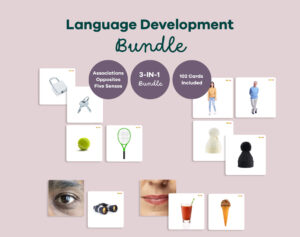 Montessori Language Development Bundle with association cards, opposite cards and five senses printable activities.