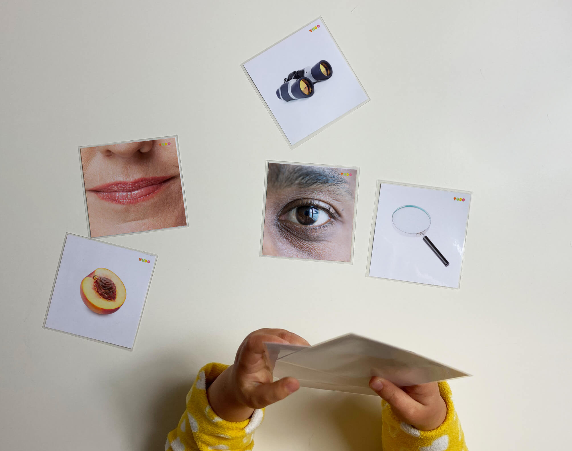 Child exploring Montessori language matching cards with real photos