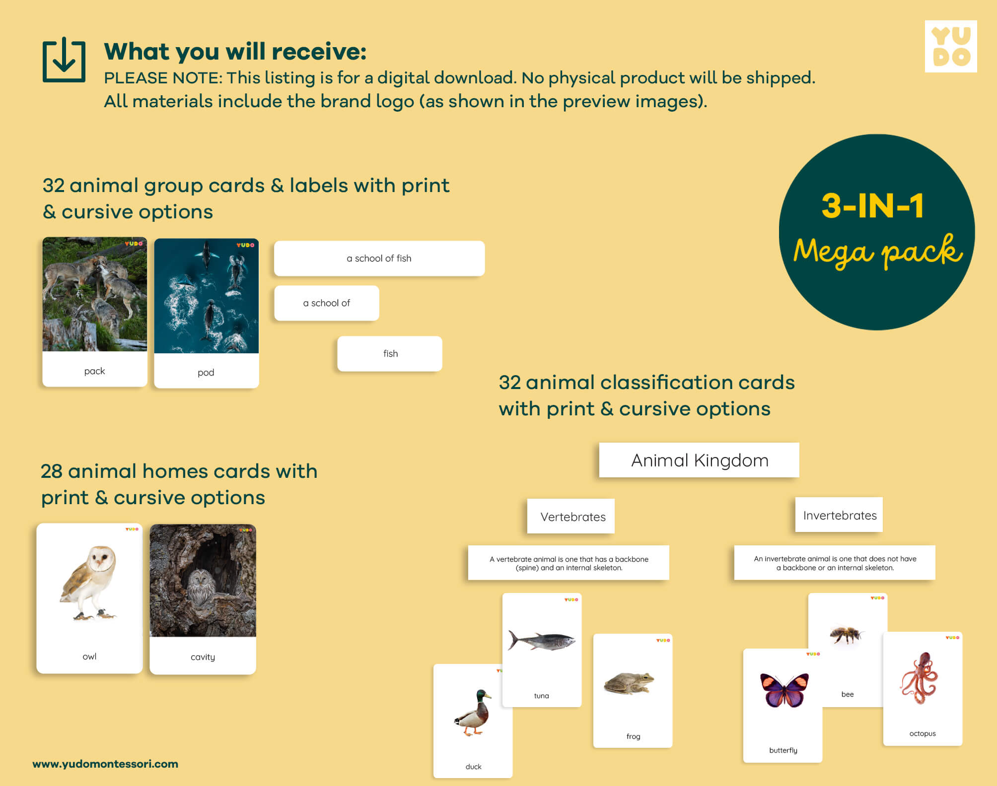 Montessori Animal Classification Bundle contents with printable zoology activities