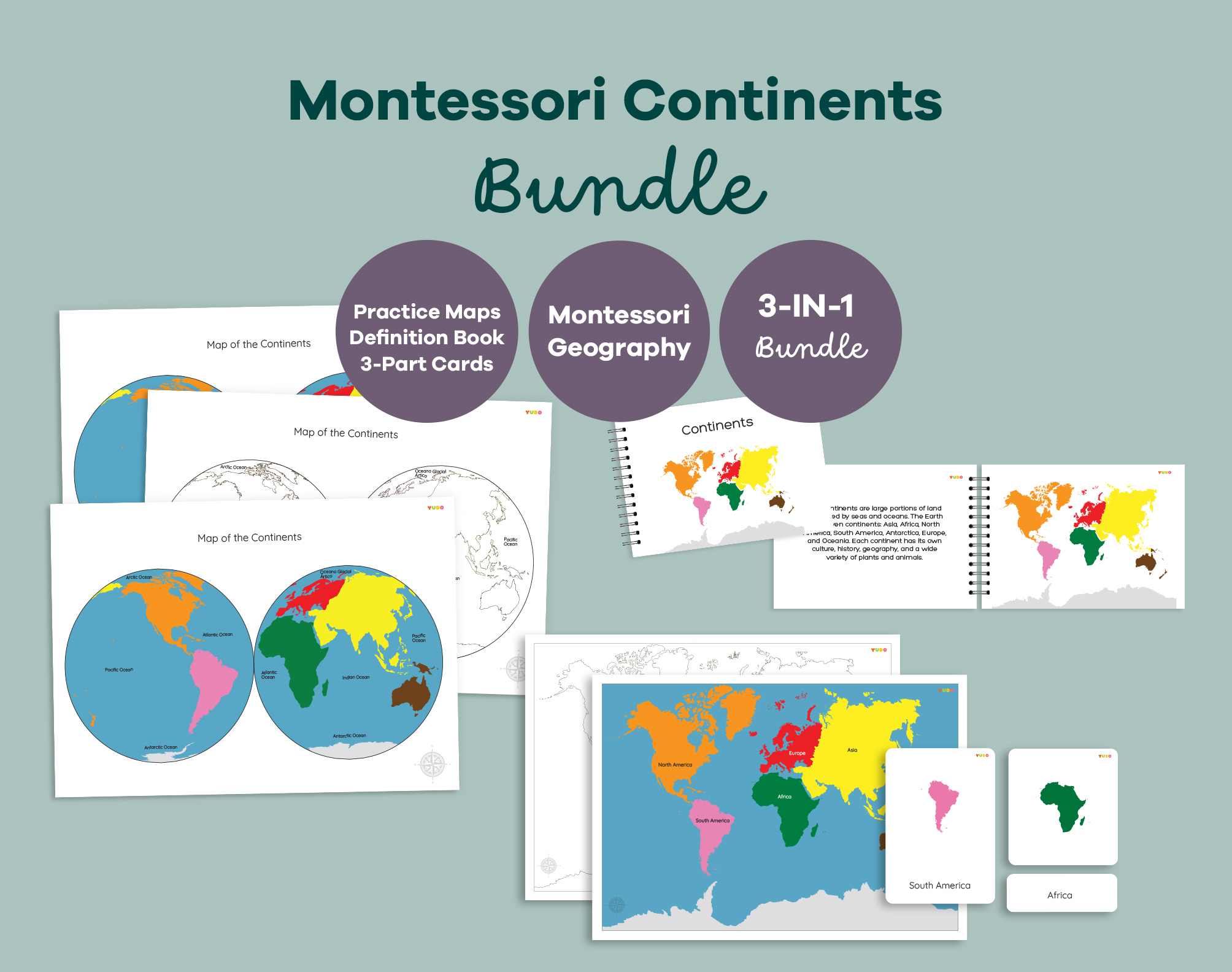 Montessori Continents Bundle with continent maps, hemisphere maps and 3-part cards printables