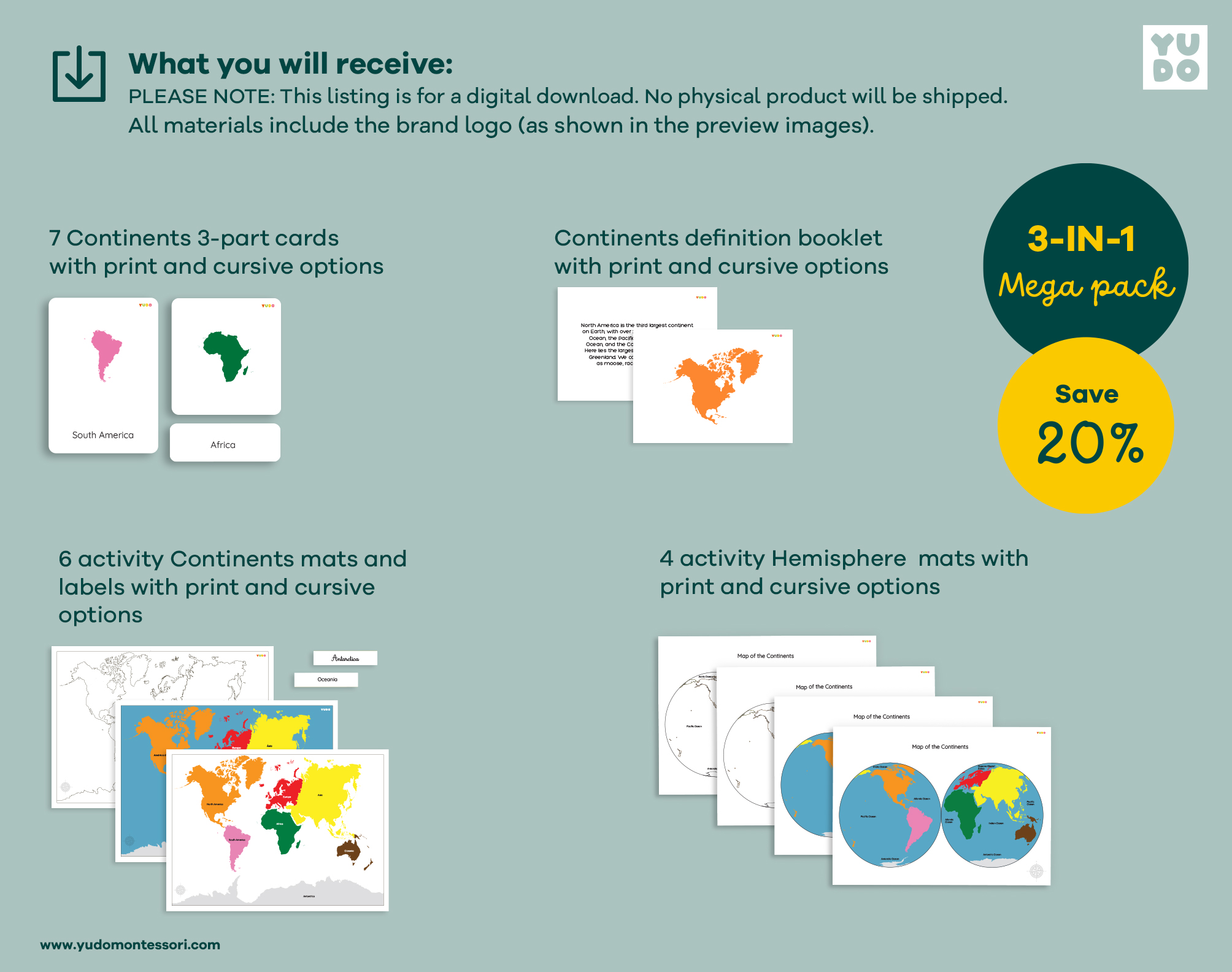 Montessori Continents Bundle with 3-part cards, definition booklet, hemisphere maps and continent matching activities for printable geography lessons.