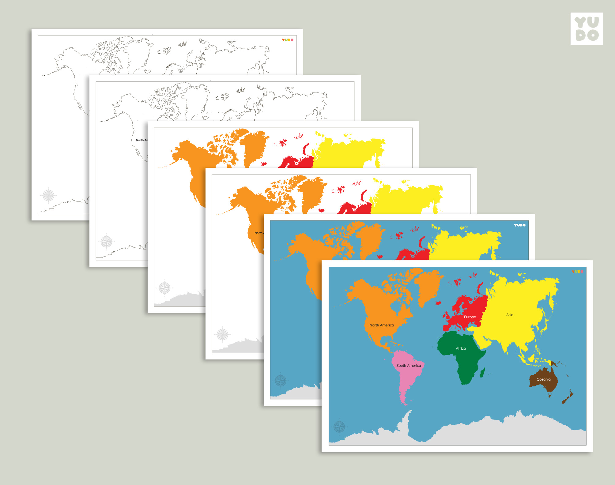 Montessori continent maps printable with colored world map and continent cards