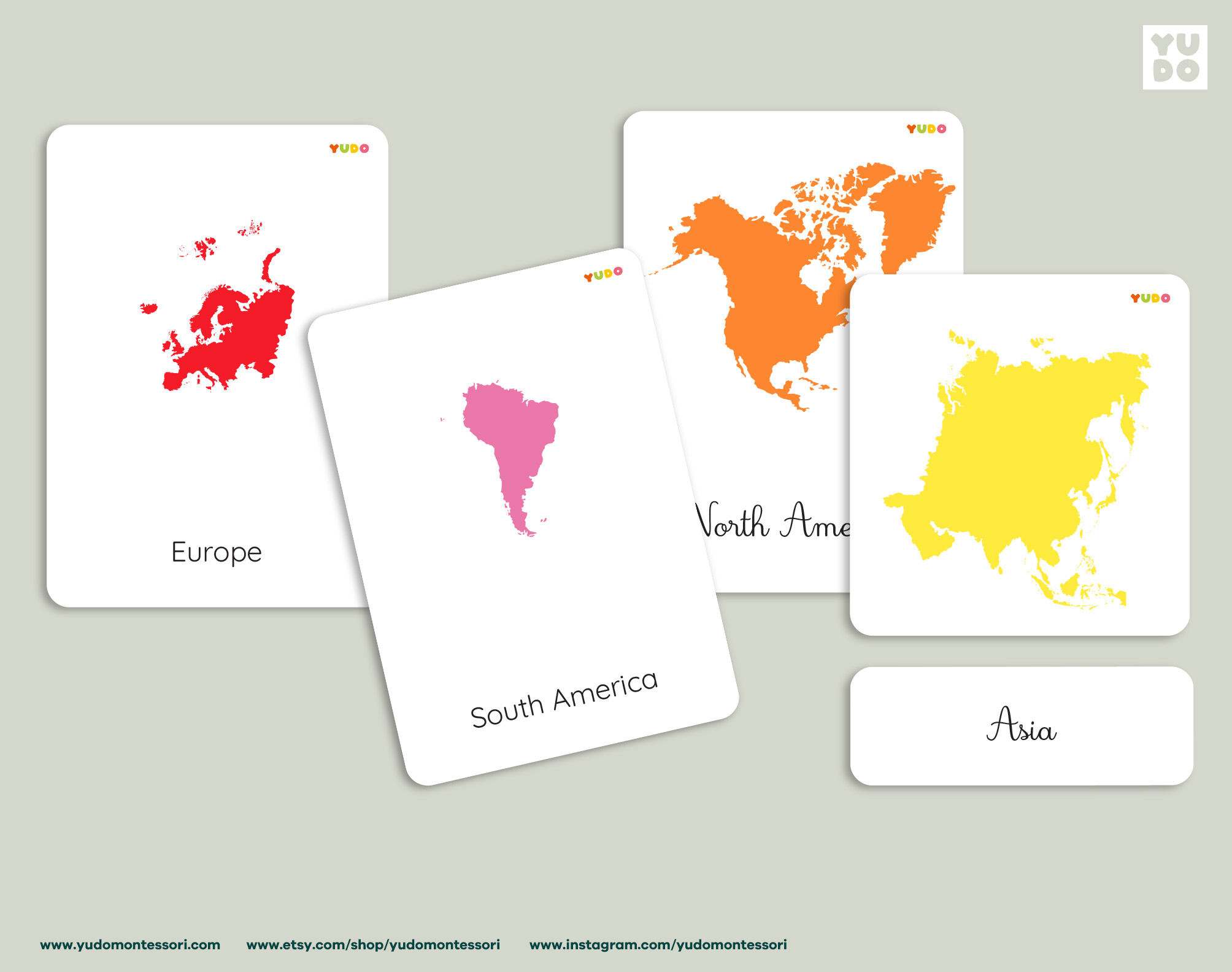 Montessori continents 3-part cards printable with colored continent maps