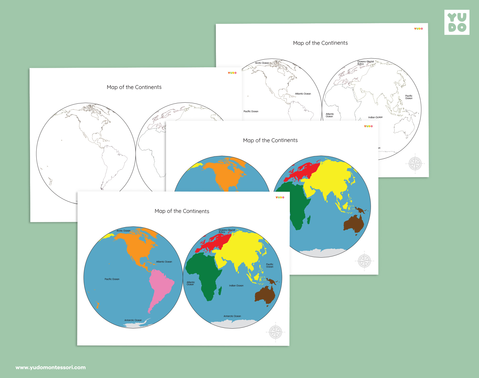 Montessori hemisphere maps printable with colored and black and white world maps