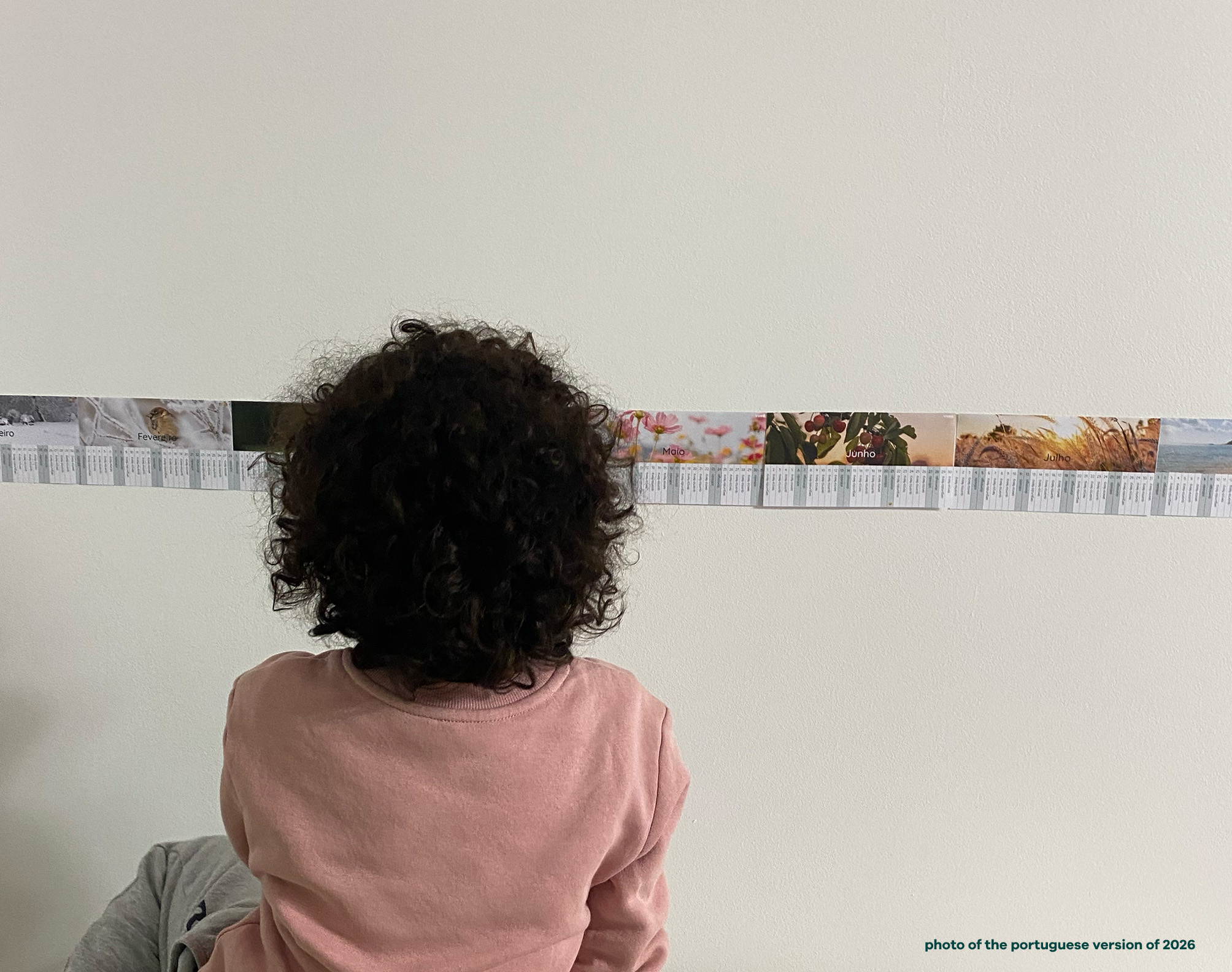 Child looking at Montessori Linear Calendar 2026-2027 school year displayed on wall