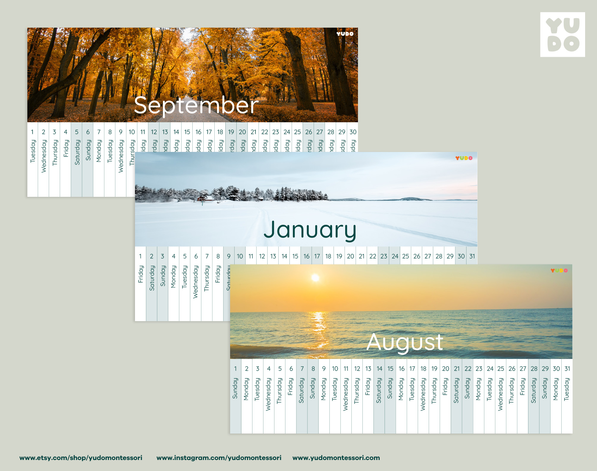 Montessori Linear Calendar 2026-2027 school year printable - Spetember, January and August months