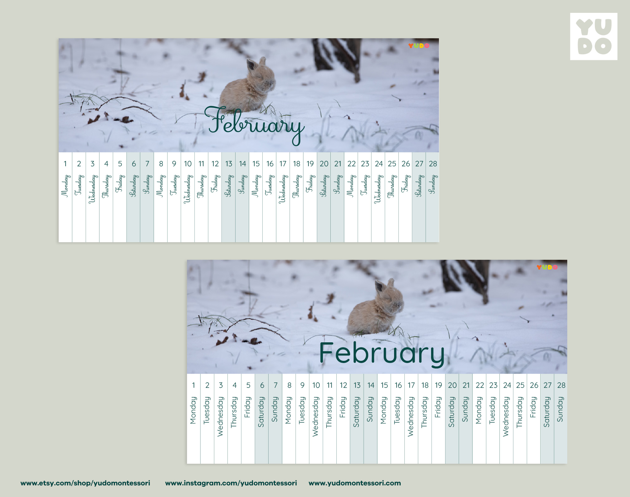 Montessori Linear Calendar 2026-2027 school year printable - February month