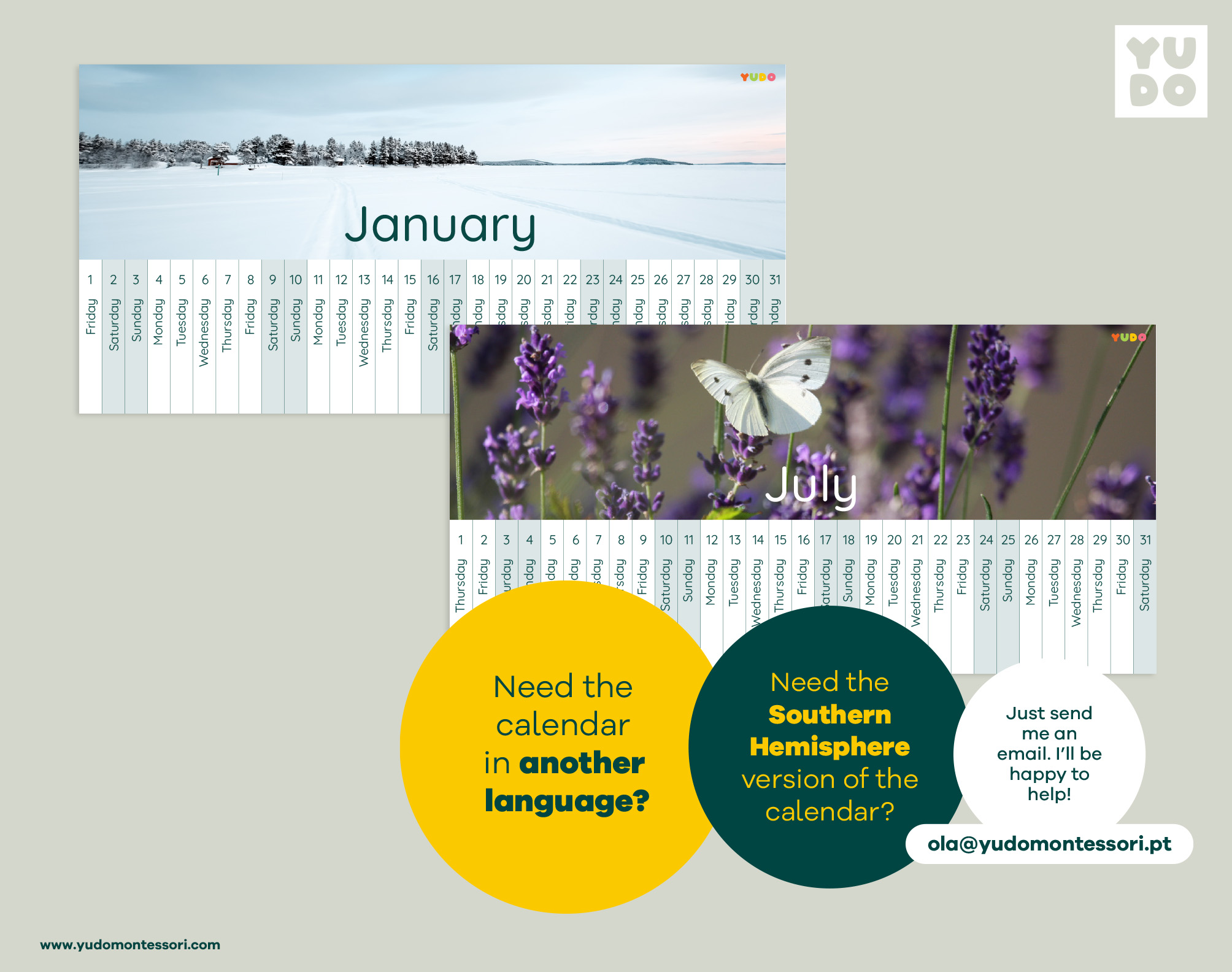 Montessori Linear Calendar 2026-2027 school year printable - January and July months