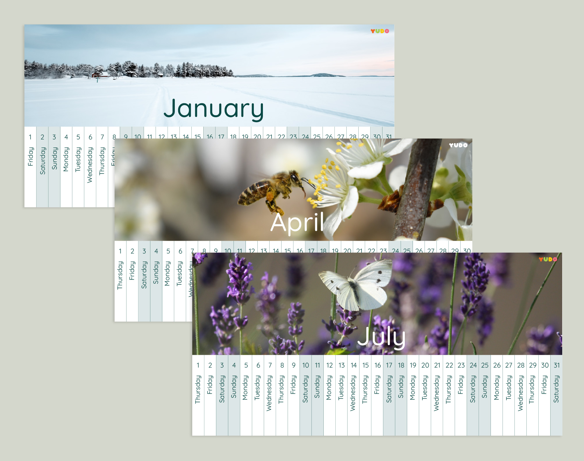 Montessori Linear Calendar 2026-2027 school year printable - January, April, and July months