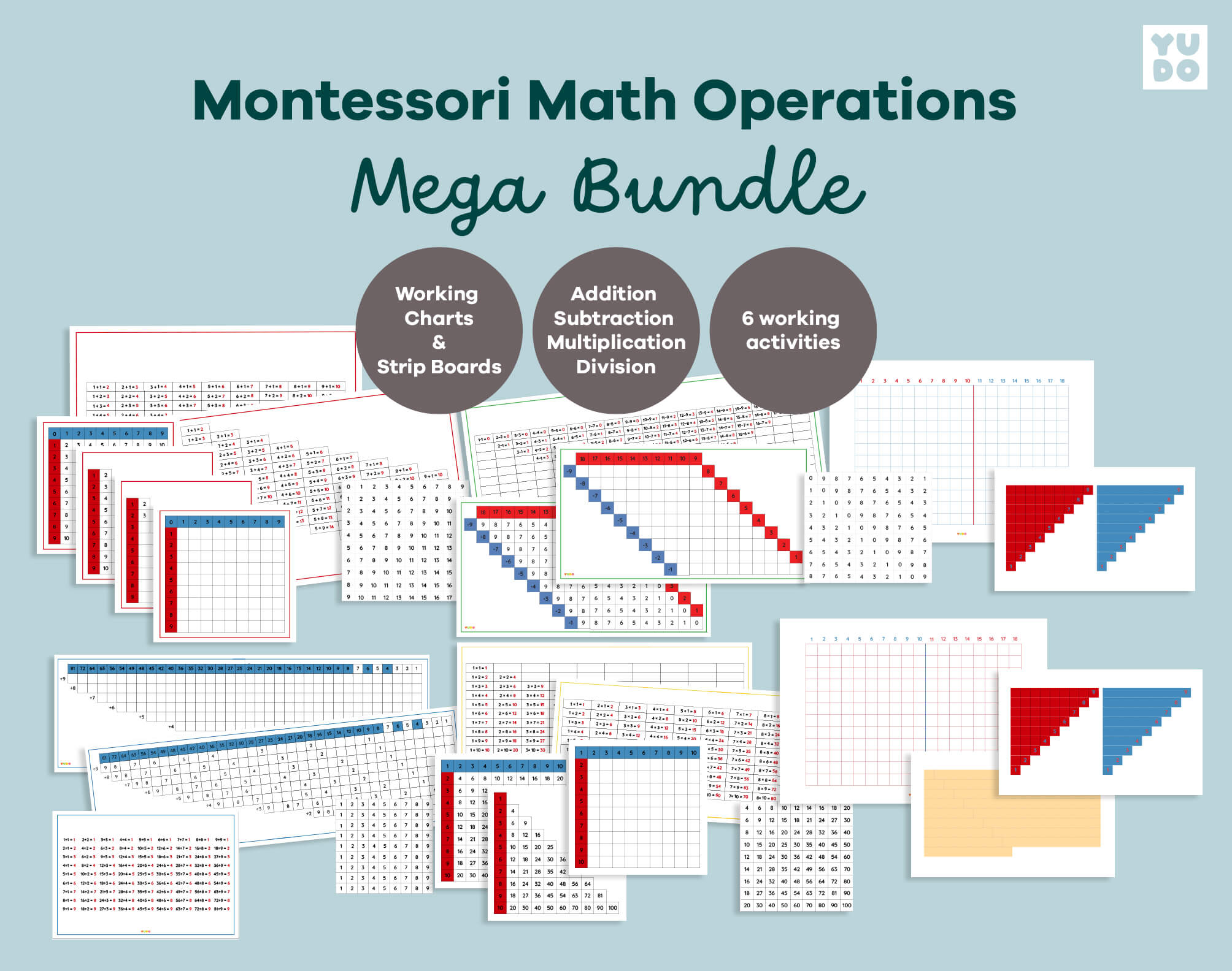 Montessori Math Operations Mega Bundle with addition, subtraction, multiplication and division printables