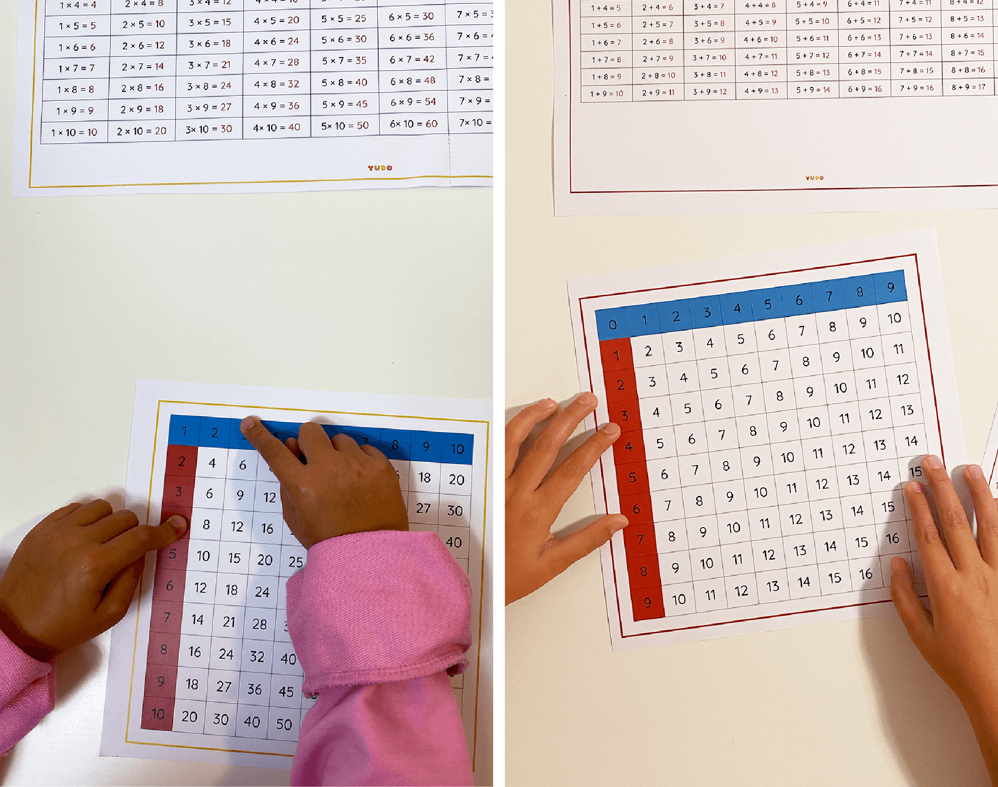 Child working with Montessori math printables and strip boards