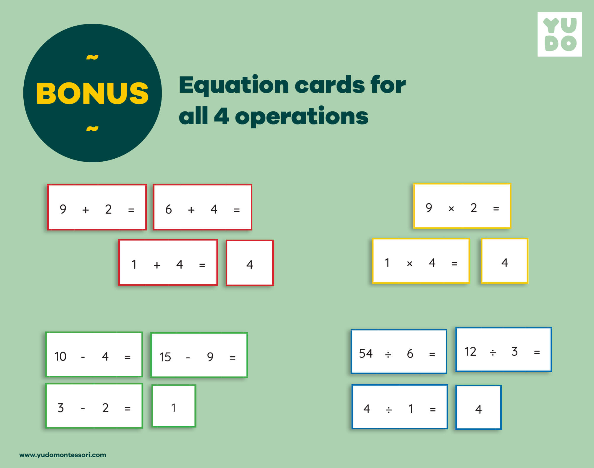 Bonus equation cards for Montessori addition, subtraction, multiplication and division