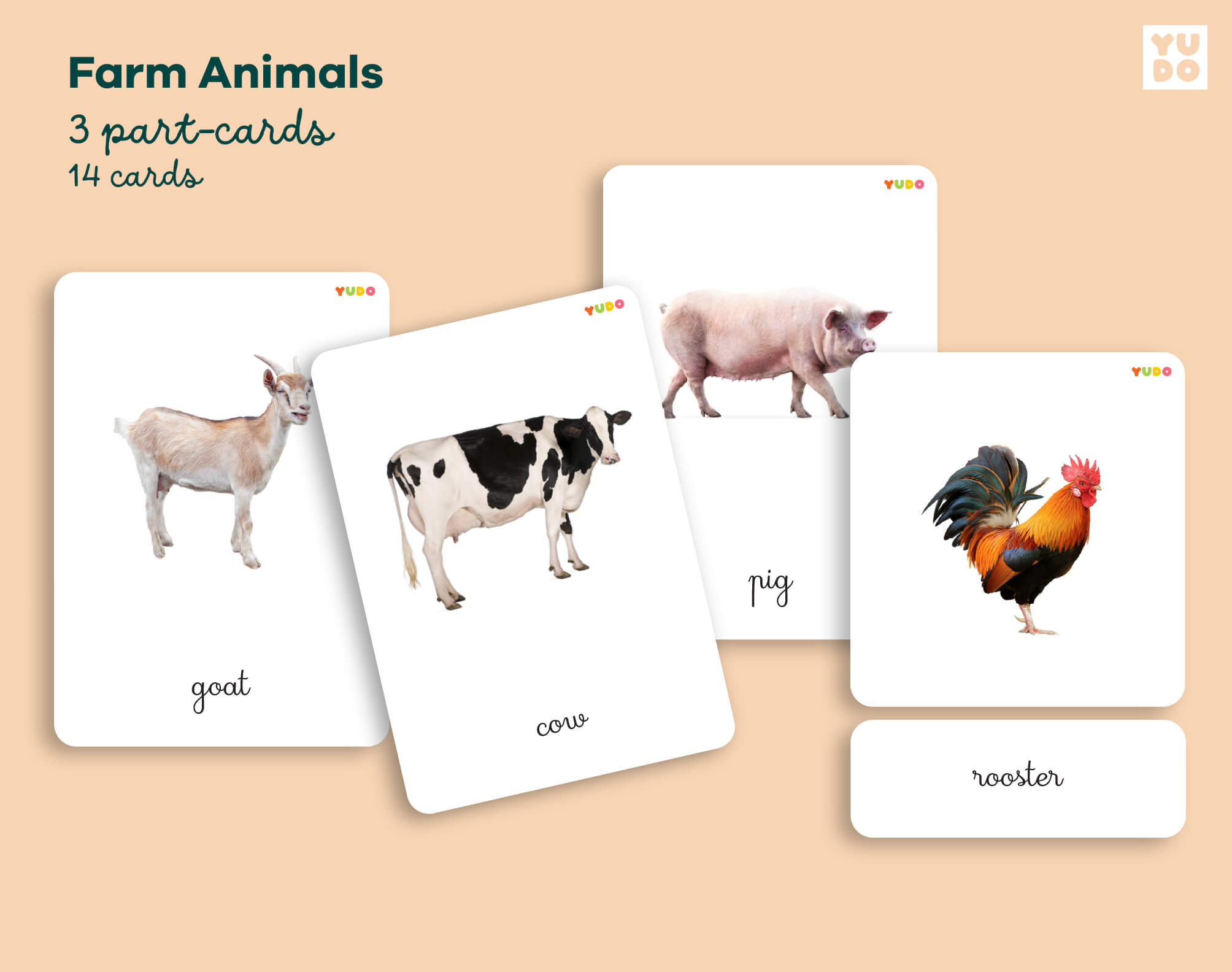 Montessori farm animals 3-part cards printable for toddlers