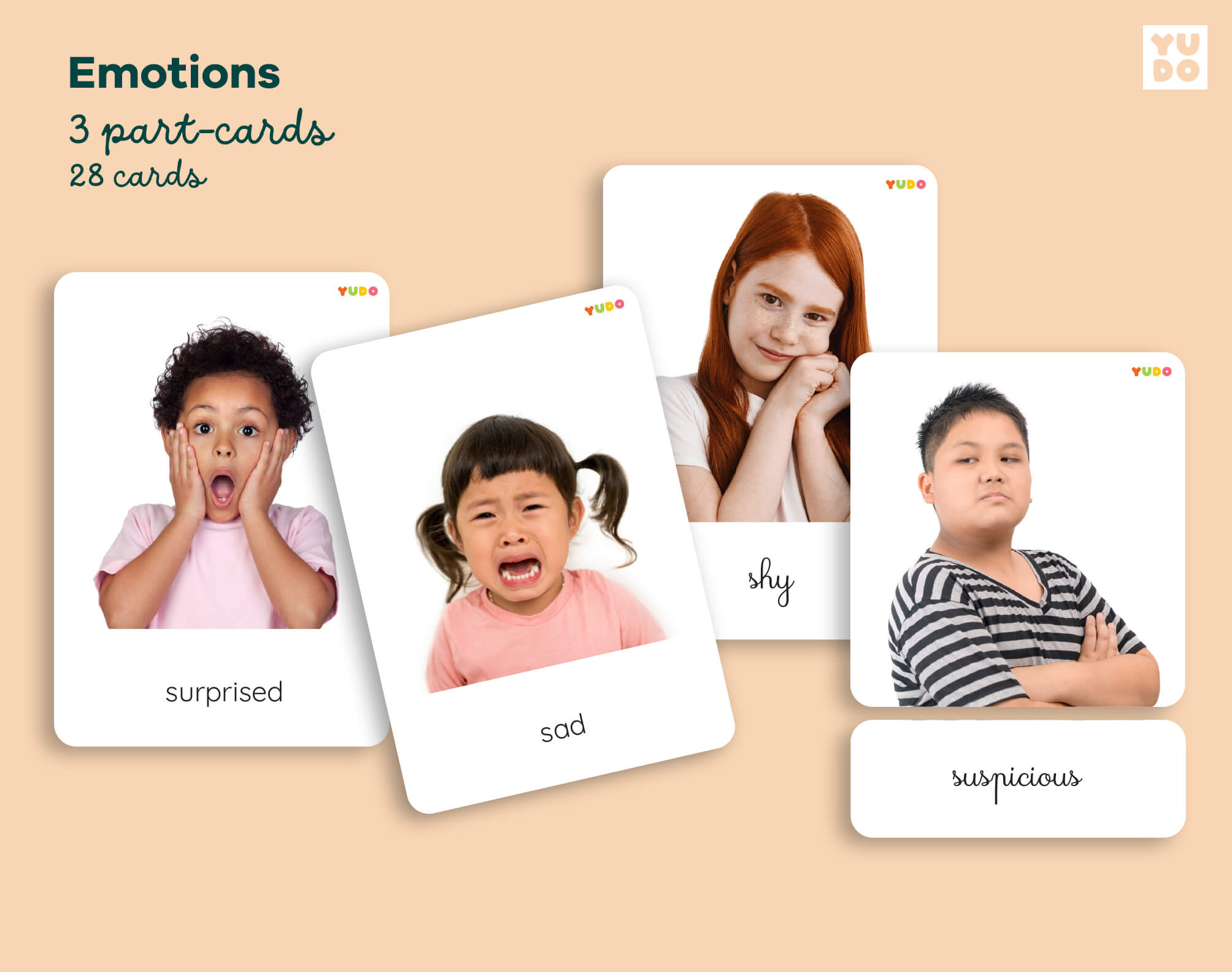 Montessori emotions 3-part cards printable with real children photos