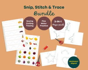 Montessori Snip, Stitch & Trace Bundle with cutting, sewing and tracing printables for preschool