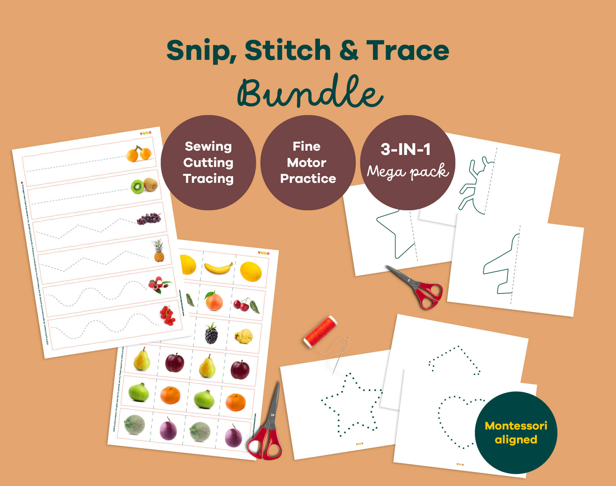 Montessori Snip, Stitch & Trace Bundle with cutting, sewing and tracing printables for preschool