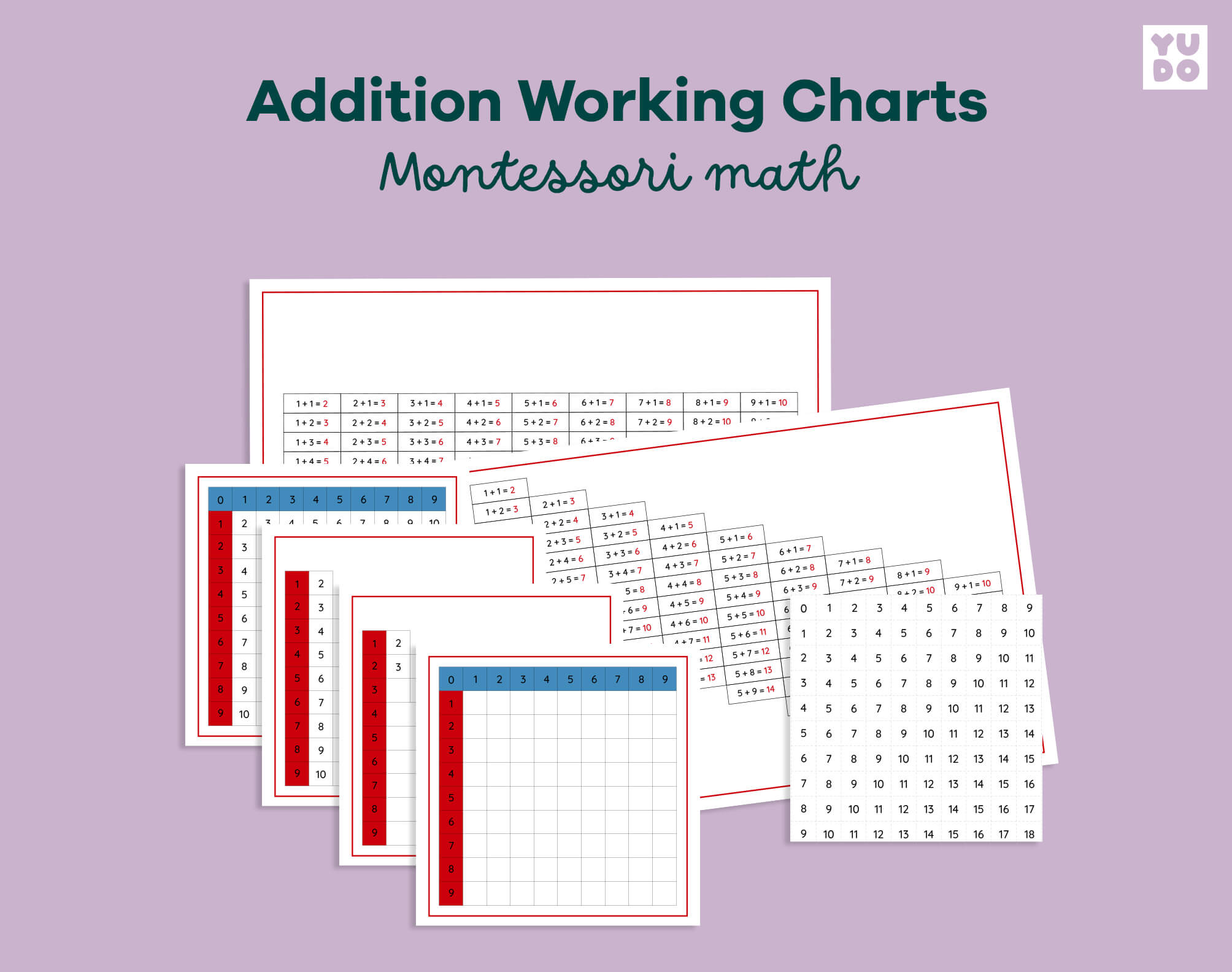 Montessori addition working charts printable for learning addition facts