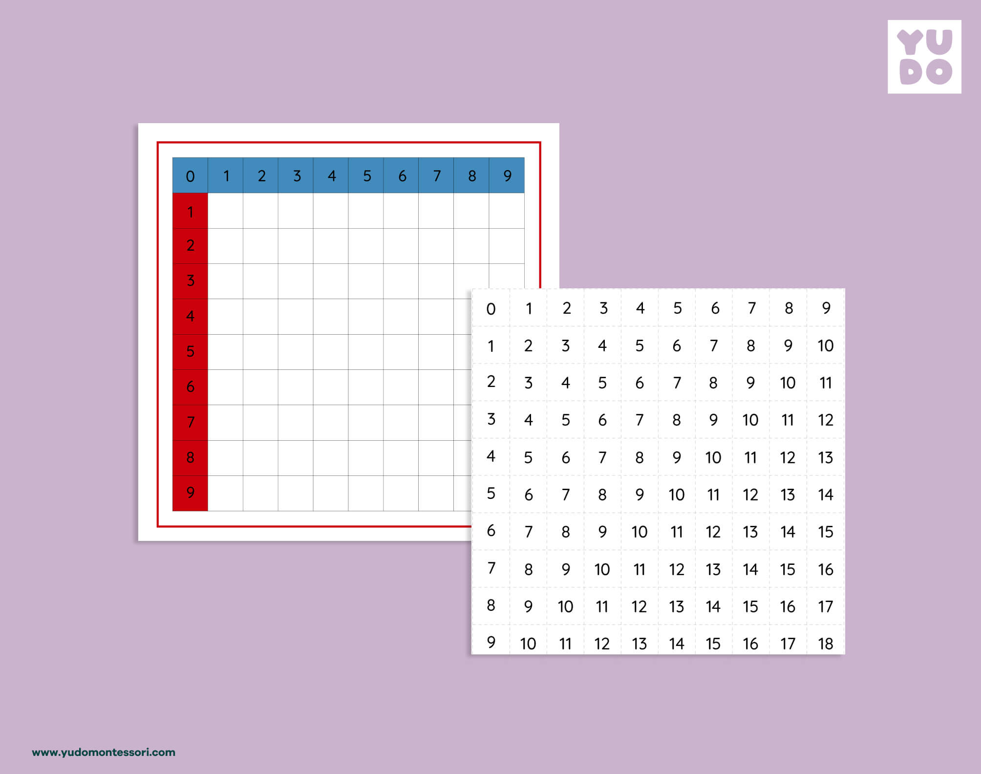 Montessori addition working chart with printable answer grid