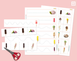 Montessori ice cream cutting strips printable with tracing lines and cutting practice sheets