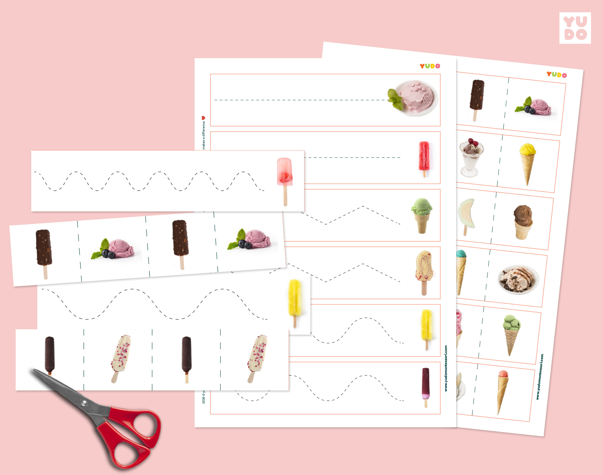 Montessori ice cream cutting strips printable with tracing lines and cutting practice sheets