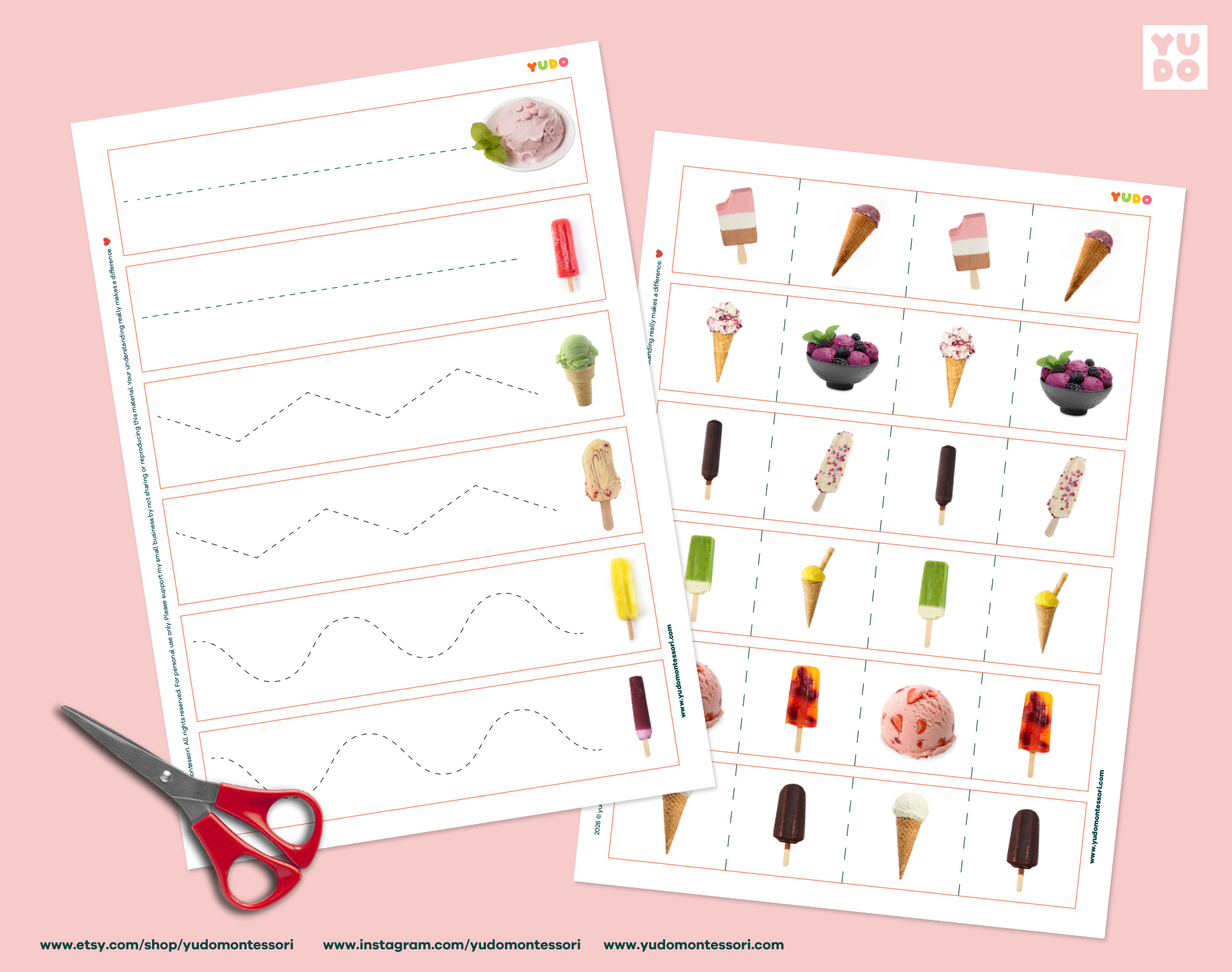 Printable ice creams tracing and cutting worksheets for Montessori fine motor practice and scissor skills.