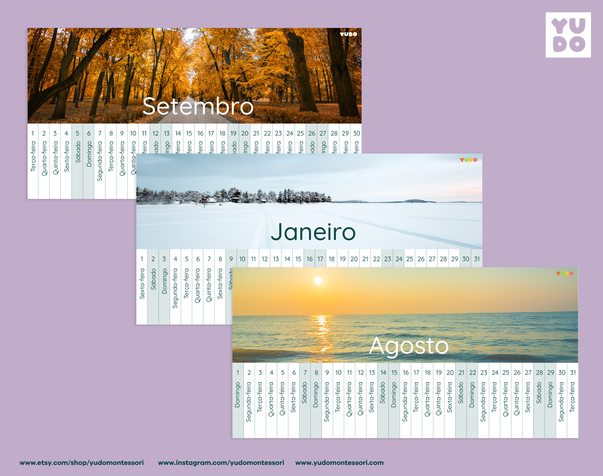 Montessori Linear Calendar 2026-2027 school year printable - September, January and August months