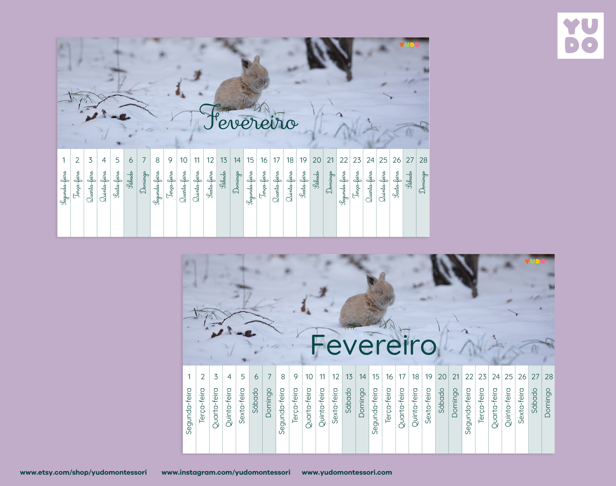 Montessori Linear Calendar 2026-2027 school year printable - February month with cursive and print font