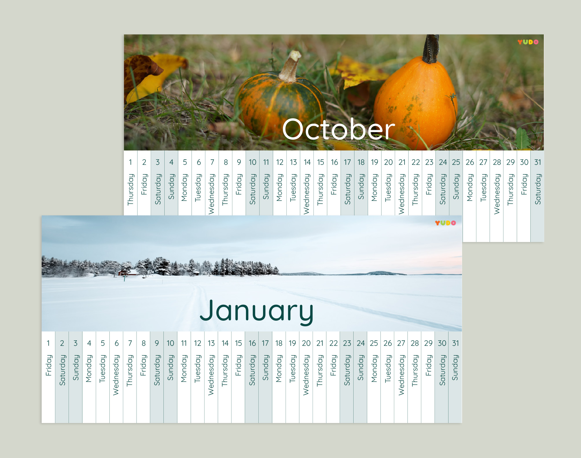 Montessori Linear Calendar 2026-2027 school year printable - January and October months