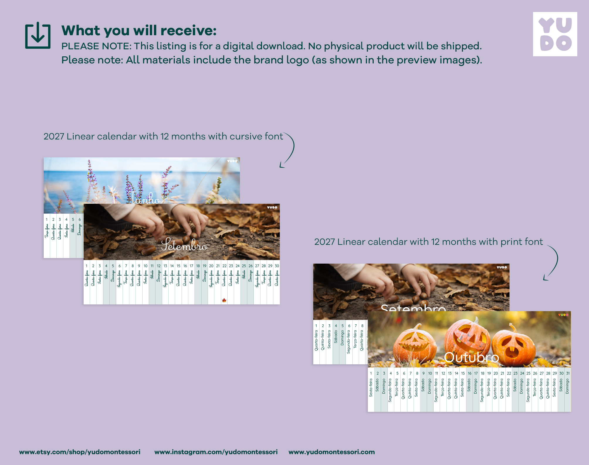 Printable 2027 linear calendar with seasonal photography, available in Northern Hemisphere and Portuguese versions.