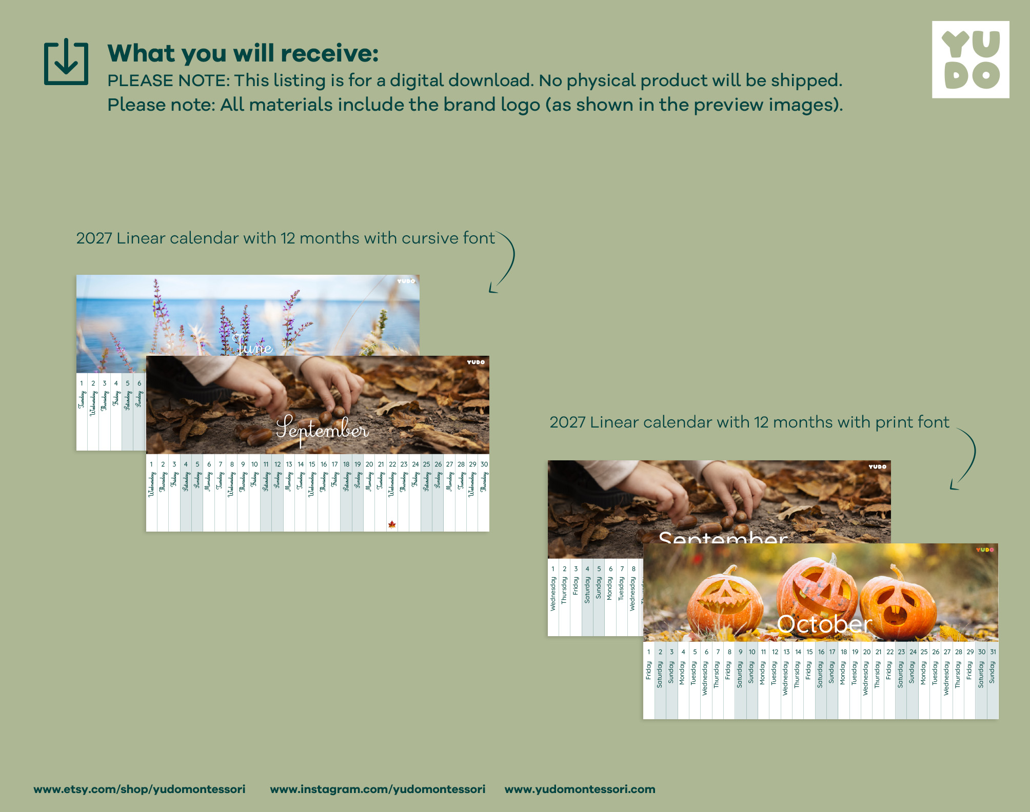 Montessori Linear Calendar 2027 full year printable