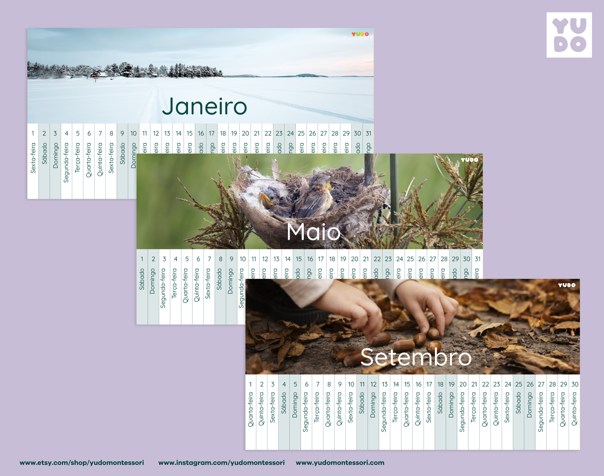 Montessori Linear Calendar 2027 full year printable - January, May, and September months