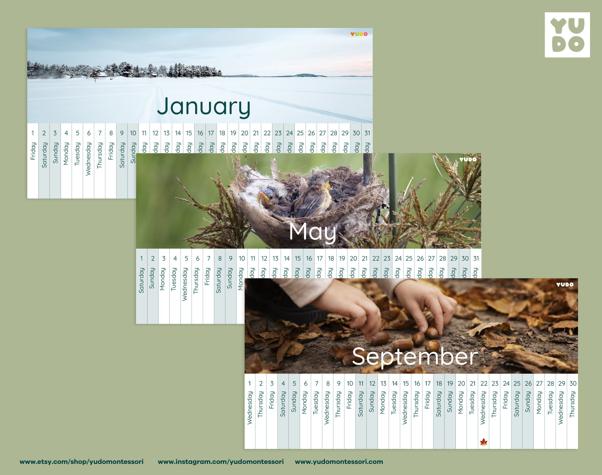 Montessori Linear Calendar 2027 full year printable - January, May, and September months