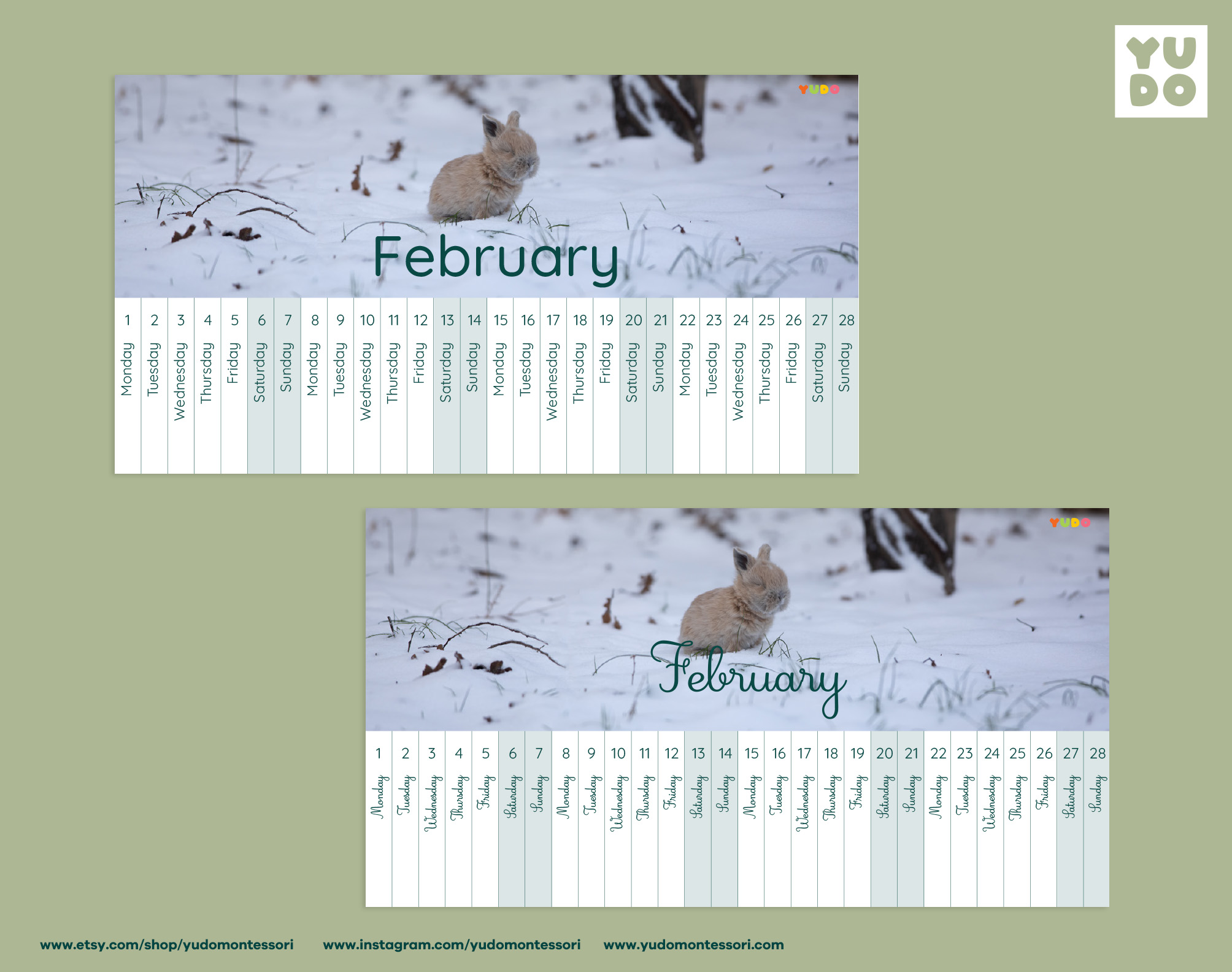Montessori Linear Calendar 2027 full year printable - February month