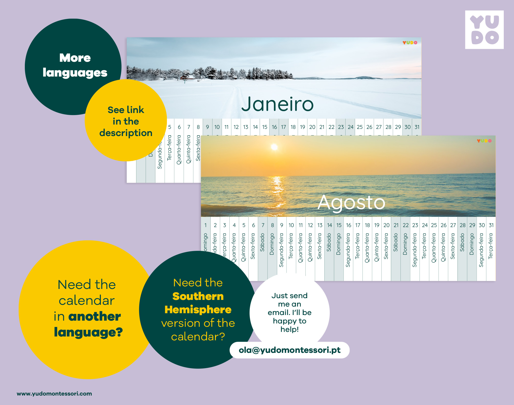 Montessori Linear Calendar 2027 full year printable - January, and August months