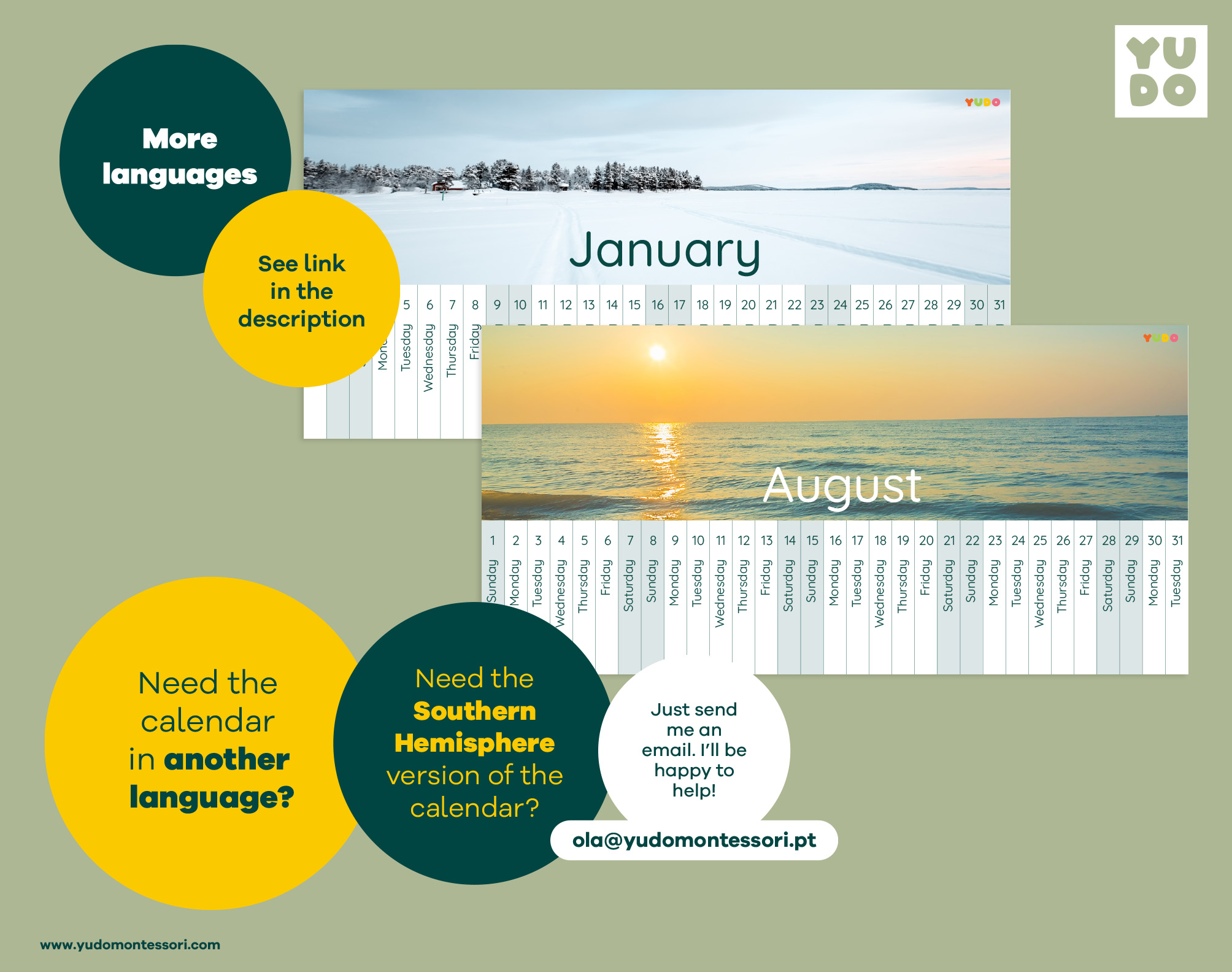 Montessori Linear Calendar 2027 full year printable - January, and August months