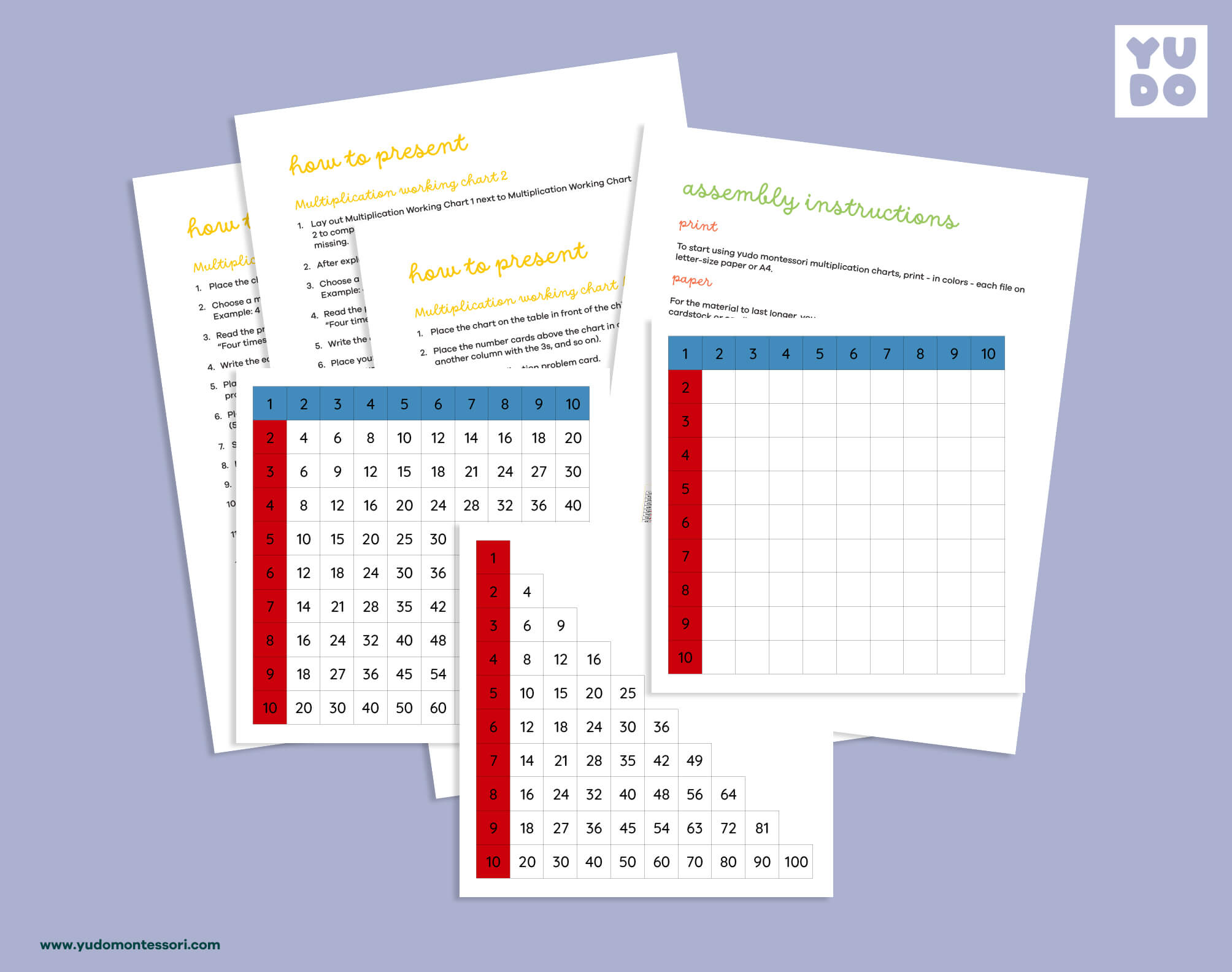 Printable Montessori multiplication working charts with control charts