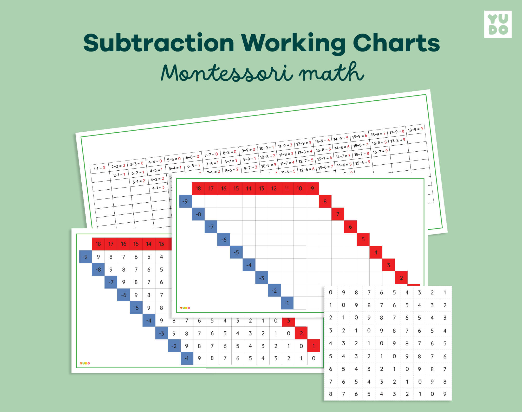 Montessori subtraction working charts printable for learning subtraction facts