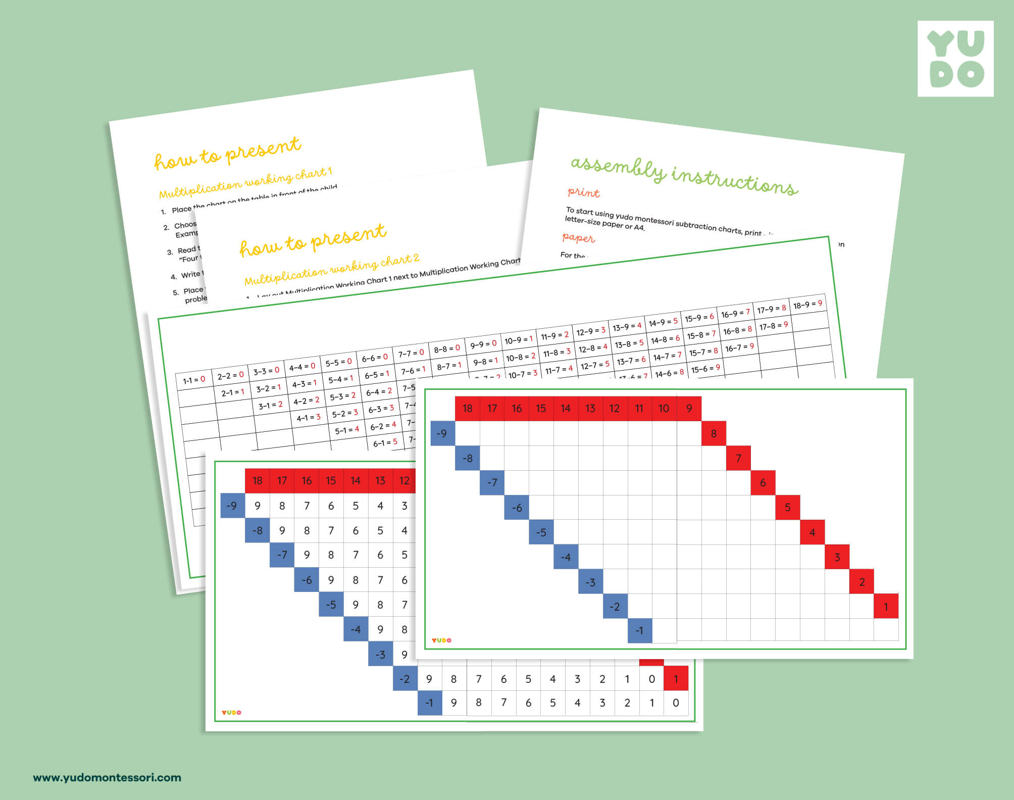 Printable Montessori subtraction working charts with control charts