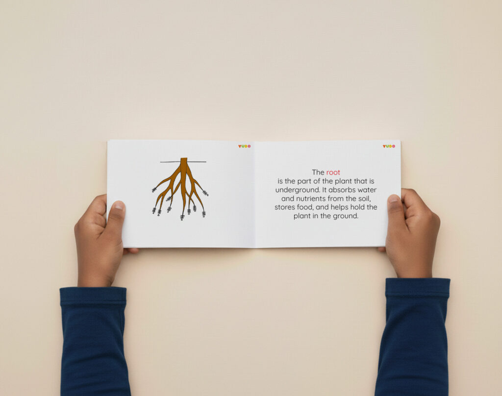 Child using a Montessori root definition booklet with realistic root illustration and simple scientific facts.