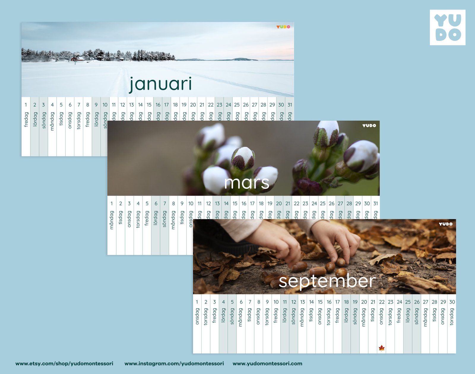 Montessori Linear Calendar 2027 full year printable - January, May, and September months