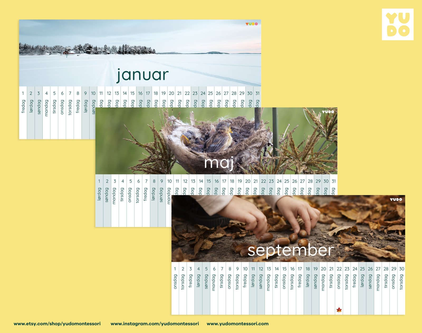 Montessori Linear Calendar 2027 full year printable - January, May, and September months