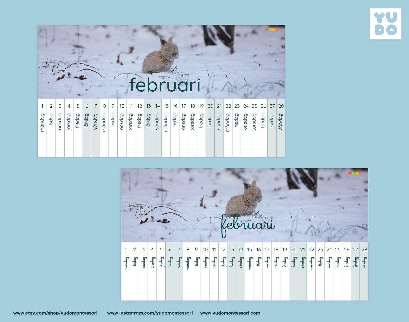 Montessori Linear Calendar 2027 full year printable - February month