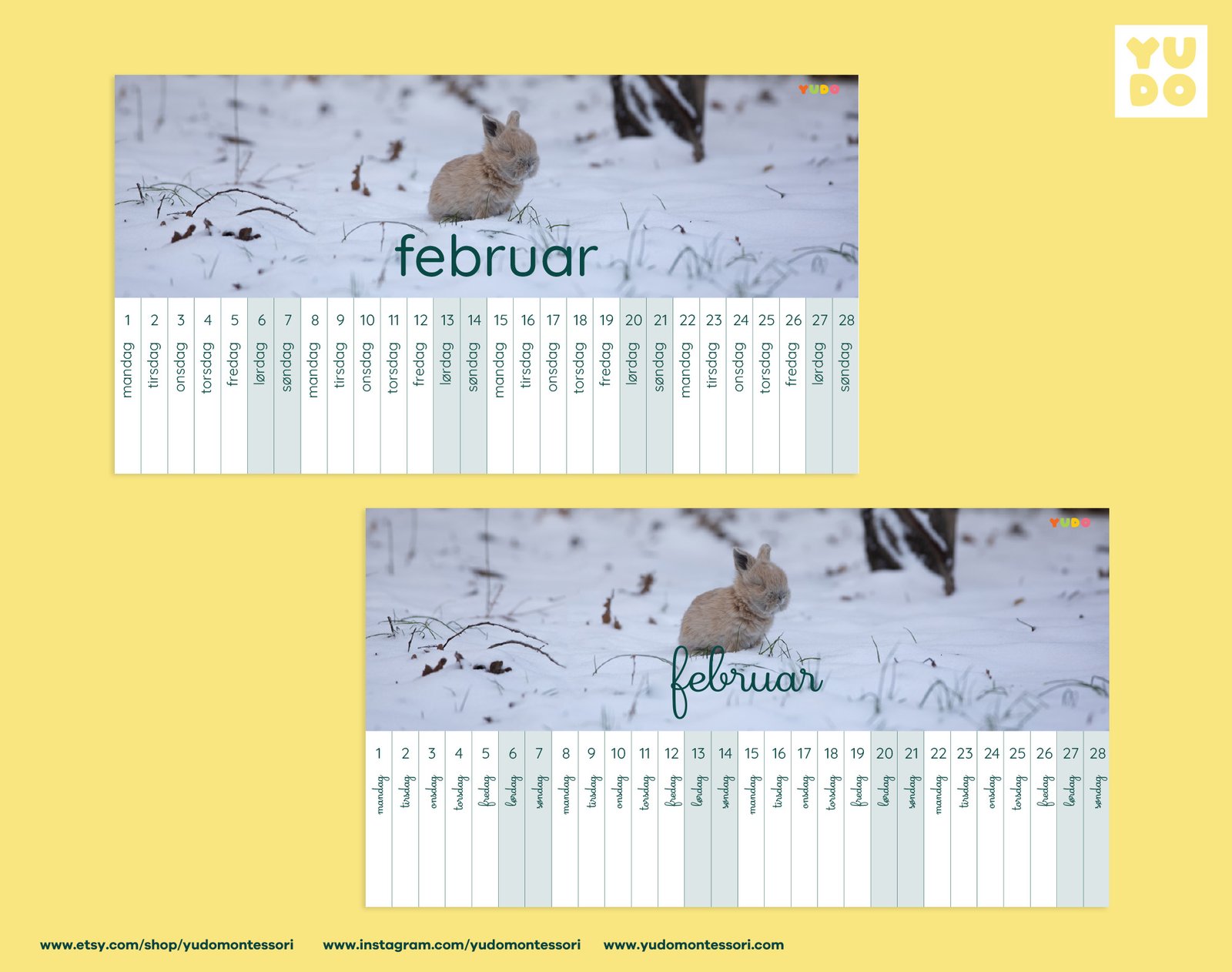 Montessori Linear Calendar 2027 full year printable - February month