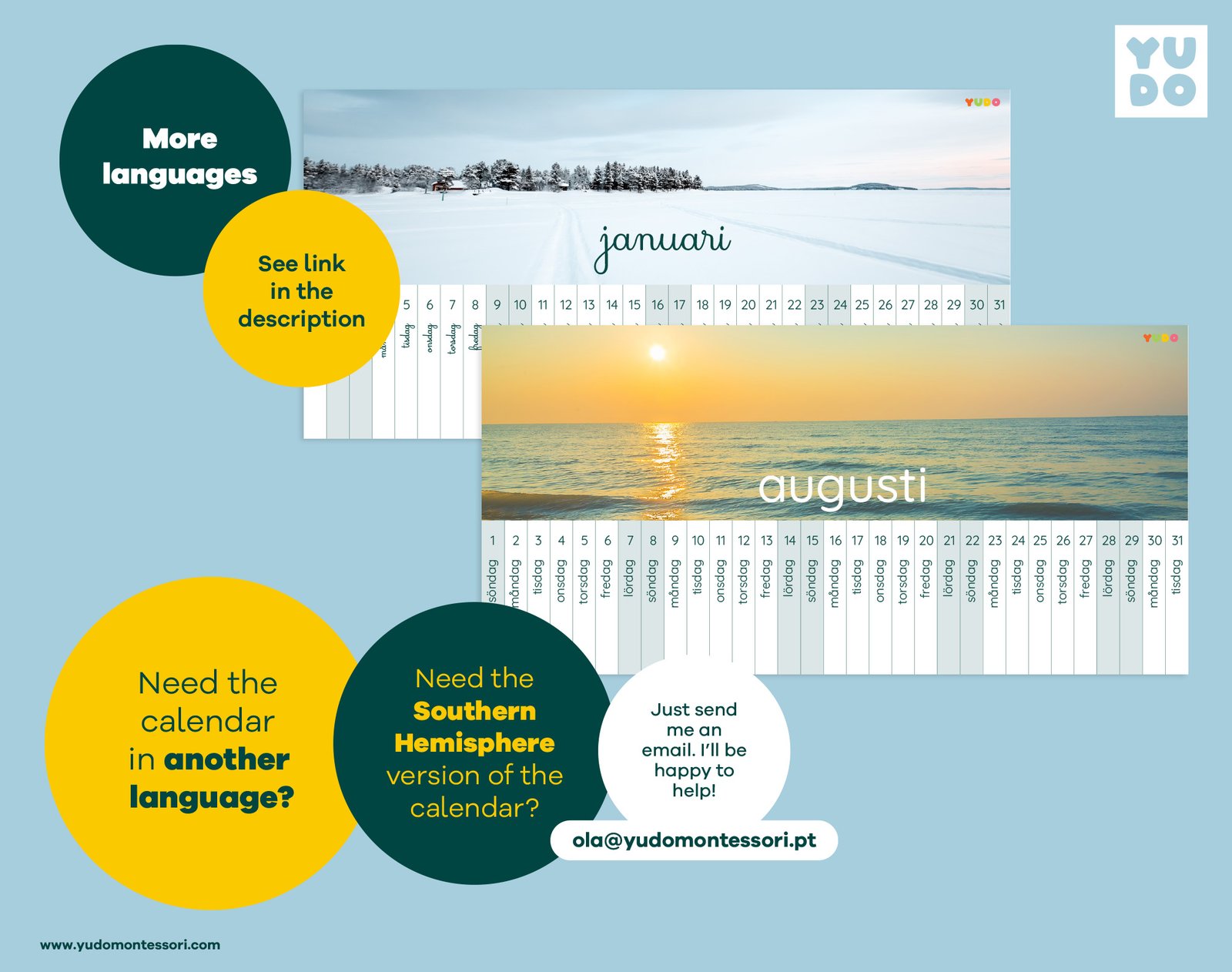 Montessori Linear Calendar 2027 full year printable - January, and August months